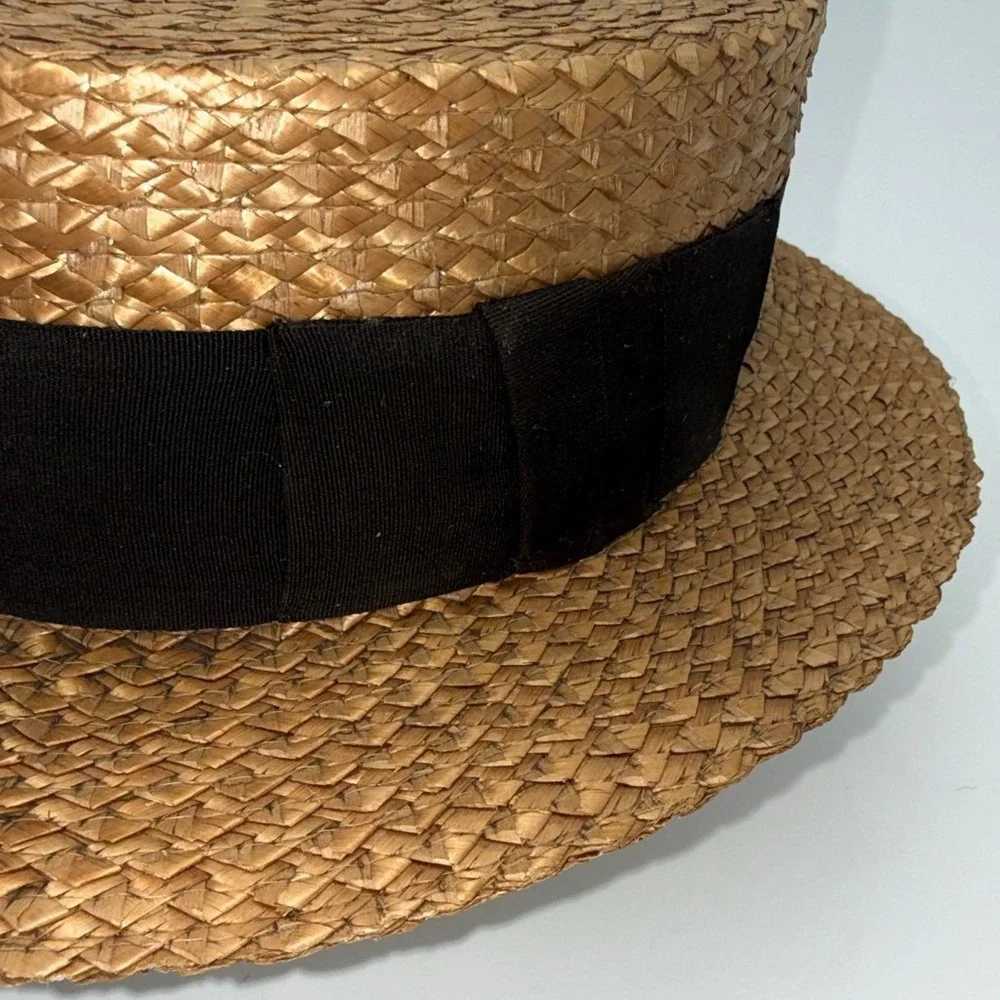 Vintage Boulevard New York Straw Boater‎ Hat Men Brown Black Ribbon Skimmer Hat